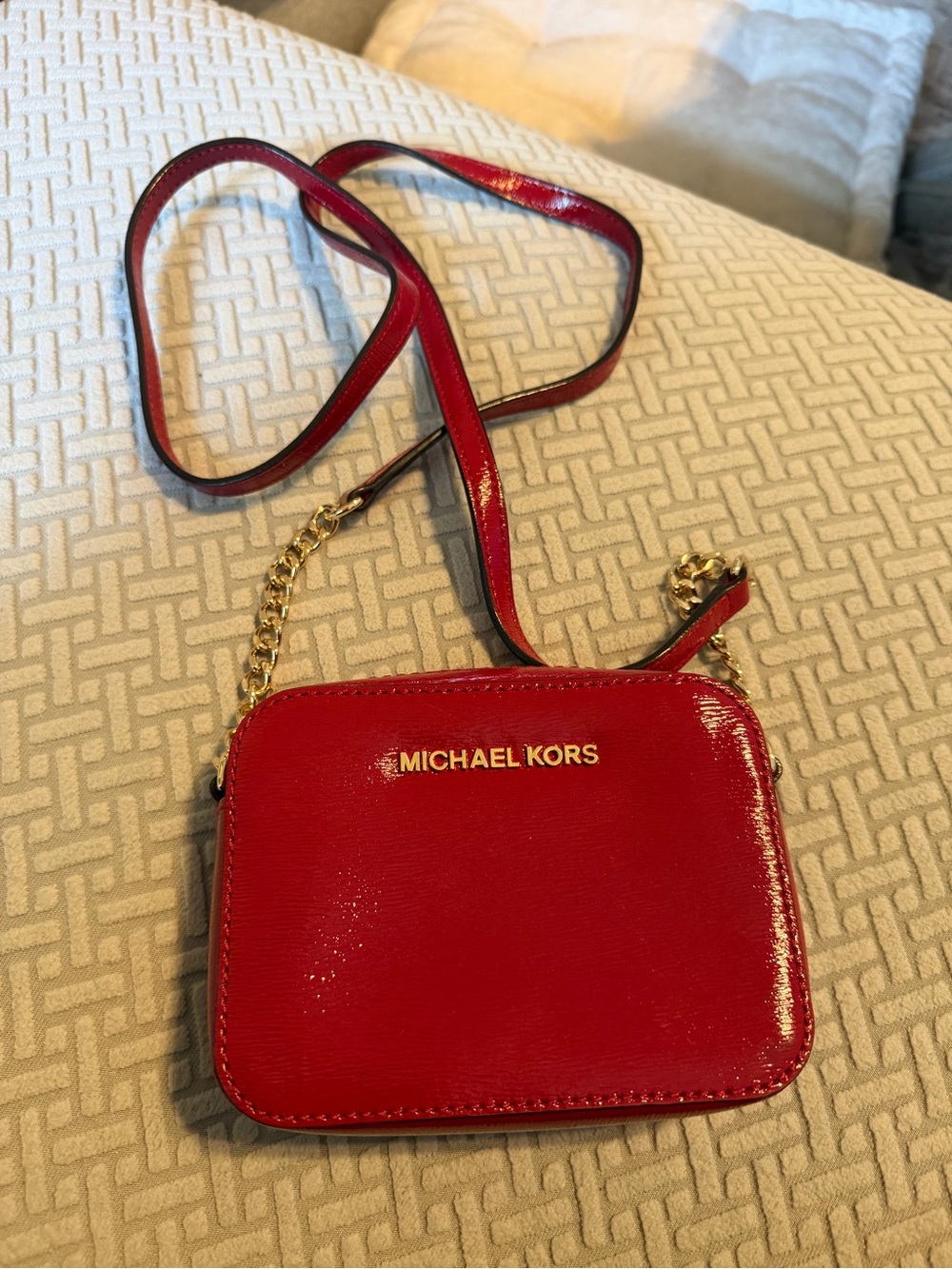 Michael Kors Red Patent Leather Crossbody with Gold Chain